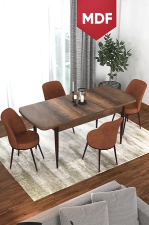 Via Serisi MDF 80x132 Açılabilir Mutfak Masası Takımı Barok Desen Masa 4 Kiremit Sandalye