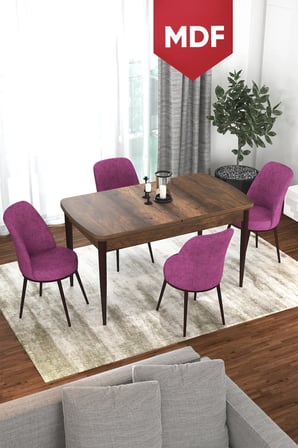 Via Serisi MDF 80x132 Açılabilir Mutfak Masası Takımı Barok Desen Masa 4 Mor Sandalye