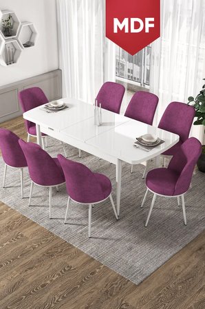 Via Serisi MDF 80x132 Açılabilir Mutfak Masası Takımı Beyaz Masa 8 Mor Sandalye