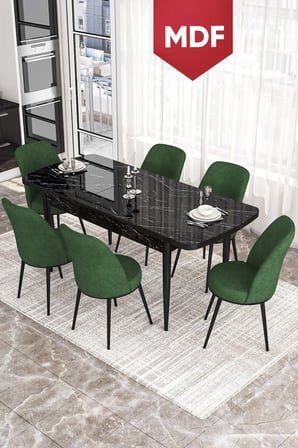 Via Serisi MDF 80x132 Açılabilir Mutfak Masası Takımı Siyah Mermer Desen Masa 6 Haki Yeşil Sandalye
