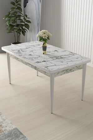 Arp Serisi 70x110 Sabit Mutfak Masası Takımı Beyaz Mermer Desen Masa 4 Kiremit Sandalye