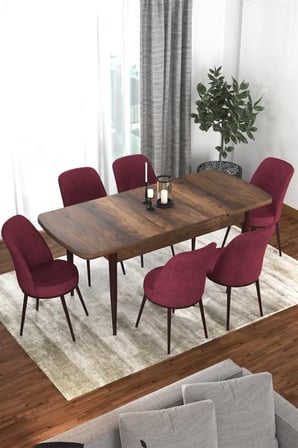 Kor Serisi 70x114 Açılabilir Mutfak Masası Takımı Barok Desen Masa 6 Bordo Sandalye