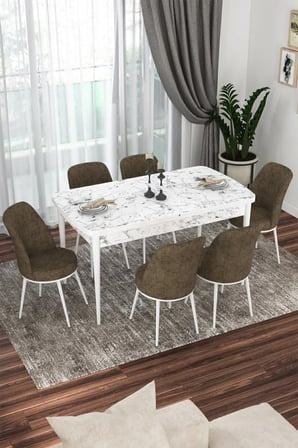 Kor Serisi 70x114 Açılabilir Mutfak Masası Takımı Beyaz Mermer Desen Masa 6 Kahverengi Sandalye