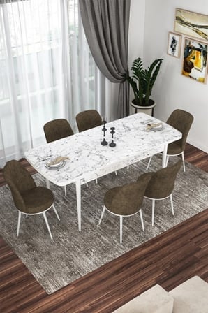 Kor Serisi 70x114 Açılabilir Mutfak Masası Takımı Beyaz Mermer Desen Masa 6 Kahverengi Sandalye