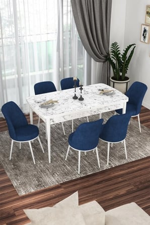 Kor Serisi 70x114 Açılabilir Mutfak Masası Takımı Beyaz Mermer Desen Masa 6 Lacivert Sandalye