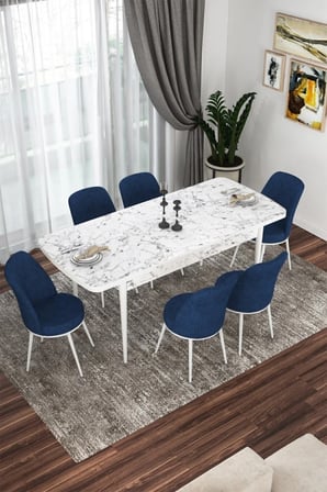 Kor Serisi 70x114 Açılabilir Mutfak Masası Takımı Beyaz Mermer Desen Masa 6 Lacivert Sandalye