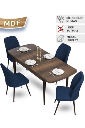 Mun Serisi 80x132 Açılabilir Mdf Barok Ahşap Desen Masa Takımı 4 Lacivert Sandalye
