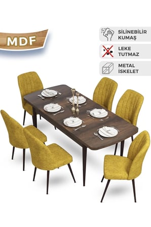 Mun Serisi 80x132 Açılabilir Mdf Barok Ahşap Desen Masa Takımı 6 Hardal Sandalye