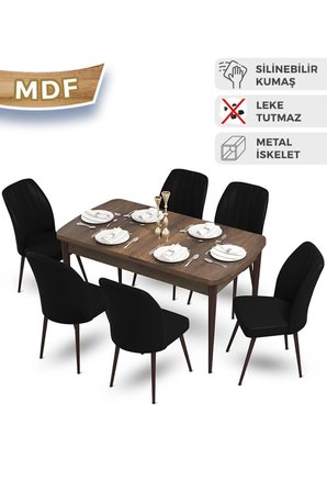 Mun Serisi 80x132 Açılabilir Mdf Barok Ahşap Desen Masa Takımı 6 Siyah Sandalye