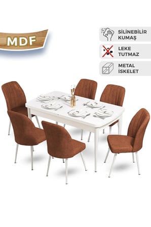 Mun Serisi 80x132 Açılabilir Mdf Beyaz Mutfak Masa Takımı 6 Kiremit Sandalye