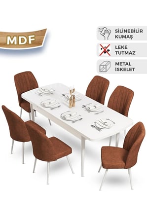 Mun Serisi 80x132 Açılabilir Mdf Beyaz Mutfak Masa Takımı 6 Kiremit Sandalye
