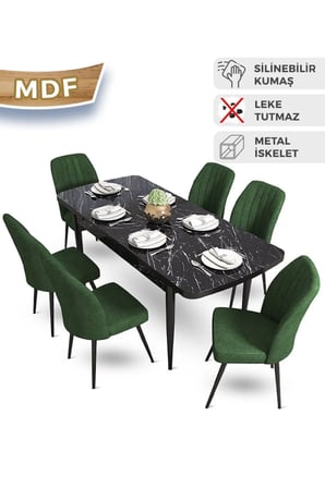Mun Serisi 80x132 Açılabilir Mdf Siyah Mermer Desen Masa Takımı 6 Haki Yeşil Sandalye