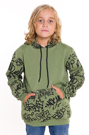 Erkek Çocuk Kolları Yazılı Polarlı Kapşonlu Sweatshirt 14617