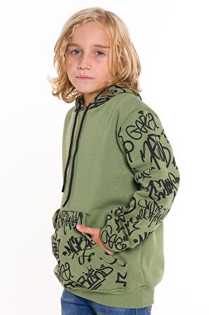 Erkek Çocuk Kolları Yazılı Polarlı Kapşonlu Sweatshirt 14617