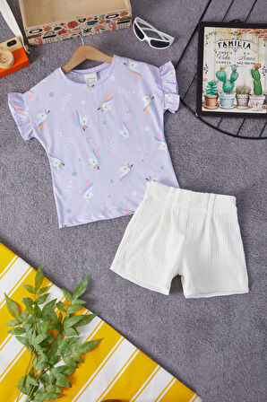 Unicorn Baskılı Bluzlu Kız Bebek Şortlu Takım 15375