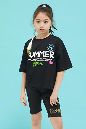 Siyah Summer Yazılı Sırtı Baskılı Oversize Kız T-shirt 15377