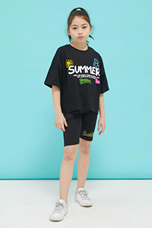 Siyah Summer Yazılı Sırtı Baskılı Oversize Kız T-shirt 15377