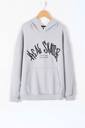 Gri Yazı Nakışlı Kanguru Cepli Erkek Çocuk Kapüşonlu Sweatshirt 19631