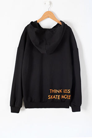 Siyah Yazı Nakışlı Kanguru Cepli Erkek Çocuk Kapüşonlu Sweatshirt 19632