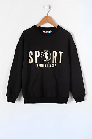 Siyah Sport Yazı Baskılı Bisiklet Yaka Erkek Çocuk Sweatshirt 19641