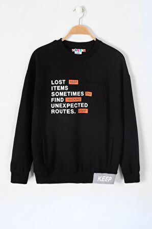 Siyah Keep Yazı Şeritli Kanguru Cepli Erkek Çocuk Sweatshirt 19635