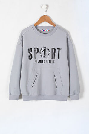 Gri Sport Yazı Baskılı Bisiklet Yaka Erkek Çocuk Sweatshirt 19642