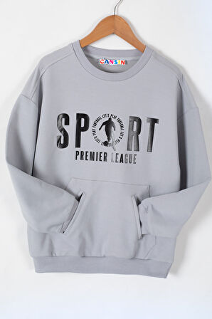 Gri Sport Yazı Baskılı Bisiklet Yaka Erkek Çocuk Sweatshirt 19642