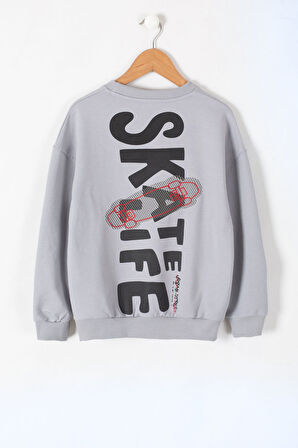 Gri Skate Sırtı Baskılı Bisiklet Yaka Erkek Çocuk Sweatshirt 19640