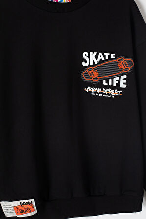 Siyah Skate Sırtı Baskılı Bisiklet Yaka Erkek Çocuk Sweatshirt 19639