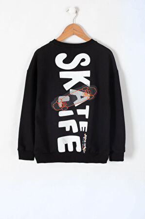 Siyah Skate Sırtı Baskılı Bisiklet Yaka Erkek Çocuk Sweatshirt 19639