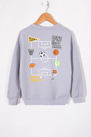 Gri Sırtı Play Baskılı Bisiklet Yaka Erkek Çocuk Sweatshirt 19663