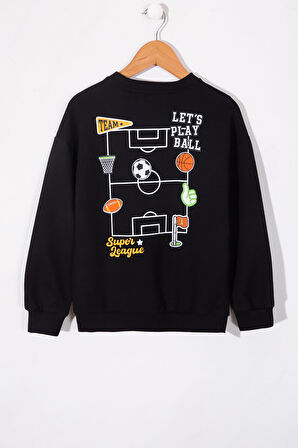 Siyah Sırtı Play Baskılı Bisiklet Yaka Erkek Çocuk Sweatshirt 19664