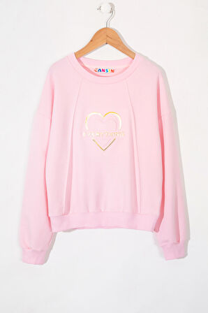 Pembe Kalp Kabartmalı Bisiklet Yaka Kız Çocuk Sweatshirt 19661