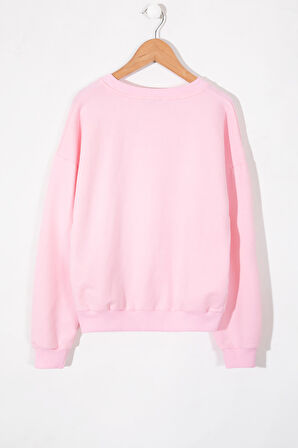 Pembe Kalp Kabartmalı Bisiklet Yaka Kız Çocuk Sweatshirt 19661