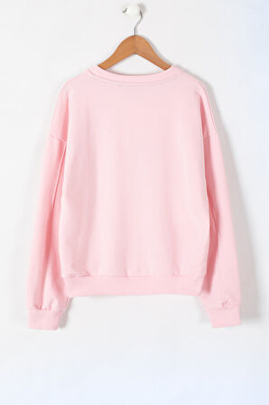 Pembe Payetli Yazılı Bisiklet Yaka Kız Uzun Kol Sweatshirt 19670