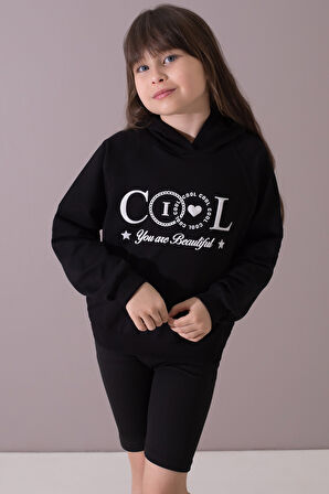 Siyah Kabartmalı Cool Yazılı Kapüşonlu Kız Çocuk Sweatshirt 19698