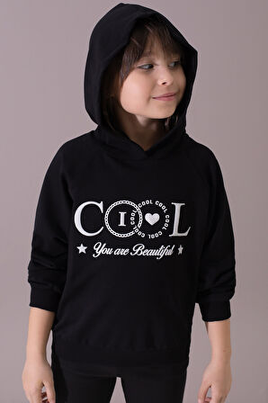 Siyah Kabartmalı Cool Yazılı Kapüşonlu Kız Çocuk Sweatshirt 19698