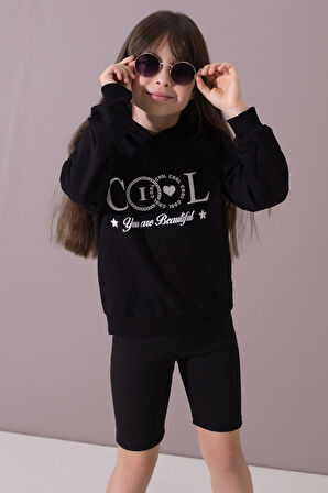 Siyah Kabartmalı Cool Yazılı Kapüşonlu Kız Çocuk Sweatshirt 19698