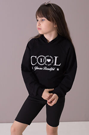 Siyah Kabartmalı Cool Yazılı Kapüşonlu Kız Çocuk Sweatshirt 19698