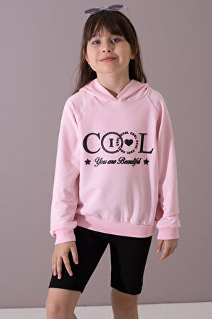 Pembe Kabartmalı Cool Yazılı Kapüşonlu Kız Çocuk Sweatshirt 19697