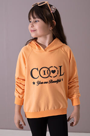 Turuncu Kabartmalı Cool Yazılı Kapüşonlu Kız Çocuk Sweatshirt 19696