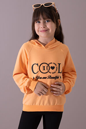 Turuncu Kabartmalı Cool Yazılı Kapüşonlu Kız Çocuk Sweatshirt 19696