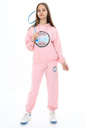 Pembe Göğsü Logo Baskılı Kapüşonlu Kız Eşofman Takımı 19761