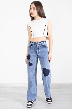 Mavi Beli Lastikli Geniş Paça Kalp Desenli Kız Çocuk Jean Pantolon 20406