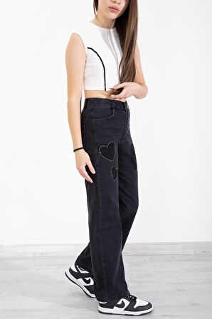 Siyah Beli Lastikli Geniş Paça Kalp Desenli Kız Çocuk Jean Pantolon 20407