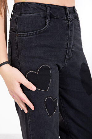 Siyah Beli Lastikli Geniş Paça Kalp Desenli Kız Çocuk Jean Pantolon 20407