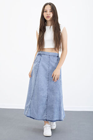 Mavi Beli Lastikli Uzun Kesim Kız Çocuk Jean Etek 20558