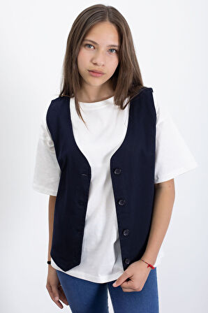 Lacivert Keten Düğmeli Yelekli Oversize Tişörtlü Kız Çocuk 2li Takım 21007