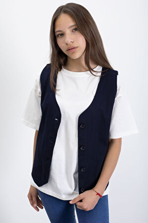 Lacivert Keten Düğmeli Yelekli Oversize Tişörtlü Kız Çocuk 2li Takım 21007