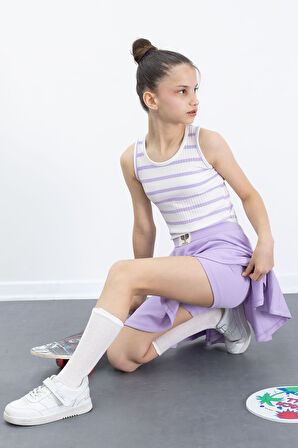 Lila Beli Lastikli Fitilli Kız Çocuk Tenis Eteği 21038